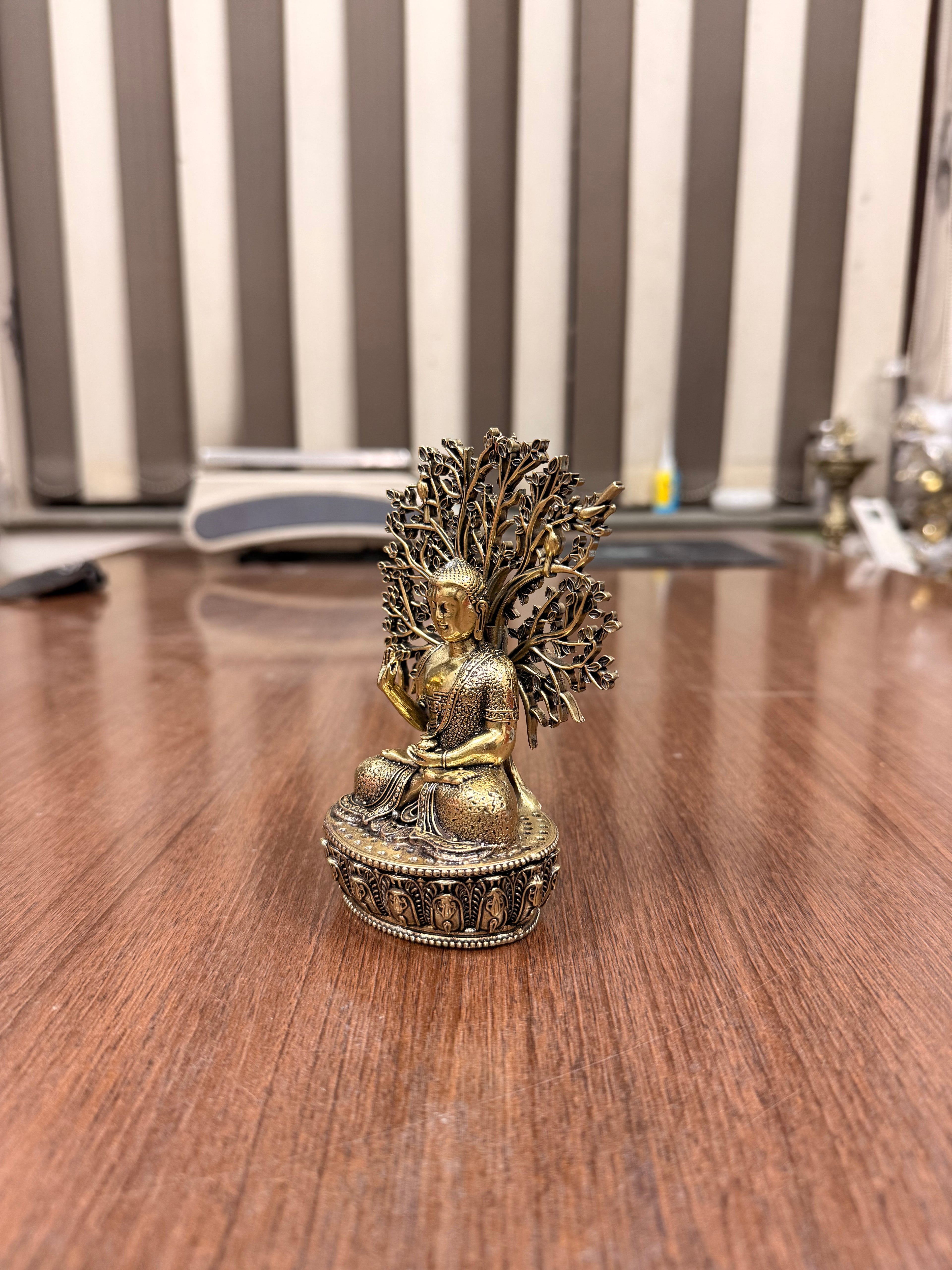 Handcrafted superfine brass tree budha made with highly detailed work in 4.8” for your home